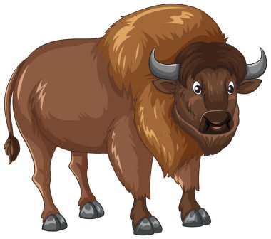 Beyaz arka planda geniş boynuzları olan dost canlısı bir kahverengi bizon vektör karakteri.