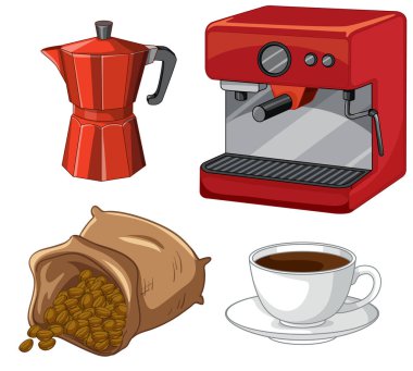 Kahve makinesinin vektör çizimi. Kırmızı espresso makinesi, moka demliği ve kavrulmuş fasulye.