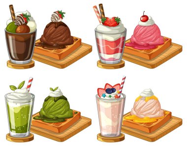 Dört tatlı eşleşmesinin vektör çizimi. İçlerinde milkshake ve panoların üzerindeki dondurmalı waffle 'lar da var.