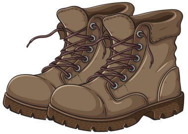 Detaylı bağcıkları olan bir çift kahverengi yürüyüş botu, çizgi film stili, temiz beyaz arka plan.