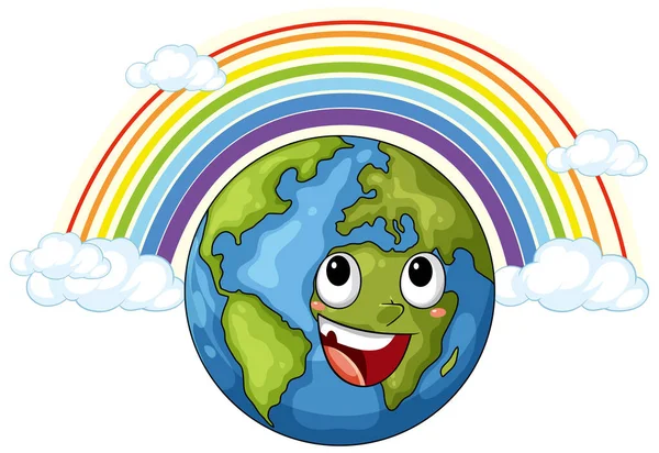 Parlak gökkuşağının altında bulutlu neşeli bir çizgi film karakteri, düz vektör illüstrasyon tarzı.