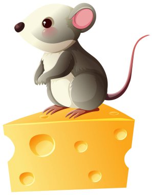 Sarı peynir dilimine tünemiş şirin gri fare, parlak renkler, temiz vektör çizgi film tarzı