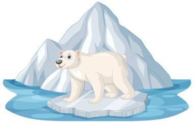 Dost canlısı bir kutup ayısı mavi kutup sularının ortasında küçük bir buz kütlesi üzerinde duruyor.