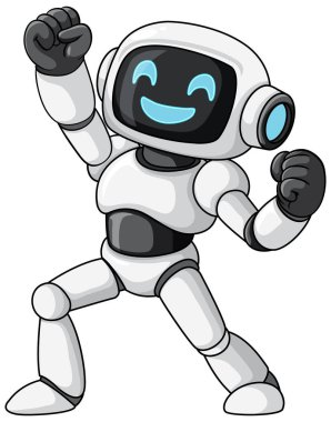 Gülümseyen robot karakter, kaldırılmış yumruklar, çizgi film stili, beyaz ve gri, beyaz üzerinde izole