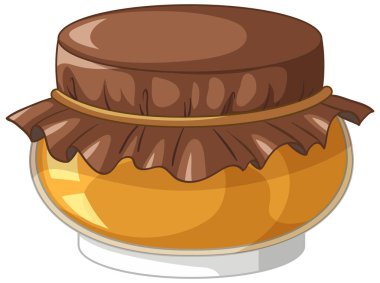 Altın bal dolu, kahverengi kumaş ve sicimle korunmuş çizgi film tarzı cam bir kavanoz.