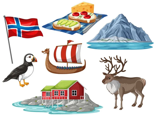 Norveç bayrağının düz vektör çizimleri, Viking gemisi, ren geyiği, martı ve geleneksel gıda ürünleri