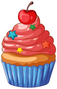 Pembe kıvrımlı, yıldız şekerli ve vişneli bir kekin vektör çizimi.