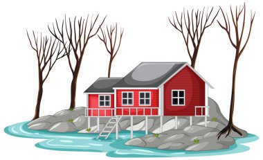 Kırmızı ahşap bir kulübe kayaların ve yapraksız kış ağaçlarıyla dolu suların üzerinde duruyor.