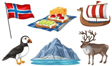 Norveç bayrağının düz vektör çizimleri, Viking gemisi, martı, ren geyiği, dağ ve geleneksel açık sandviçler