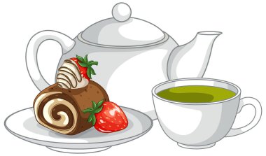 Çikolatalı kek rulosu, çilek, yeşil çay fincanı ve beyaz arka planda çaydanlığın vektör çizimi