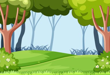 Parlak vektör orman sahnesi yapraklı ağaçlar, çimenli tepeler ve yumuşak doğal ışıklandırma efektleri