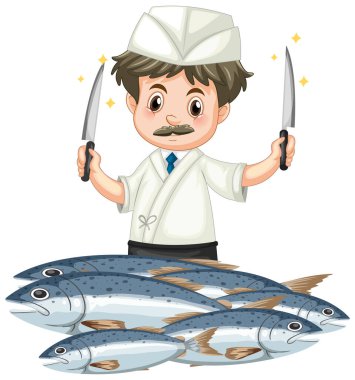 Taze çiğ uskumru arkasında keskin bıçaklar tutan profesyonel bir suşi şefinin vektör çizimi.