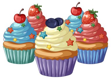 Girdap kremalı, yıldız parçalı, kirazlı, çilekli ve yabanmersinli beş kekin vektör çizimi