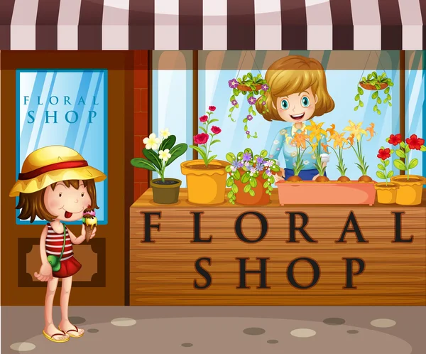 Floral shop with seller and customer — Stock Vector