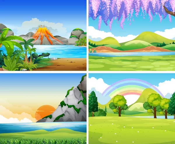 Four nature scenes with lake and park — Stock Vector