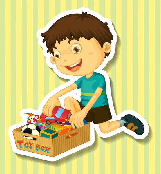 Niño poniendo juguetes en la caja — Vector de stock