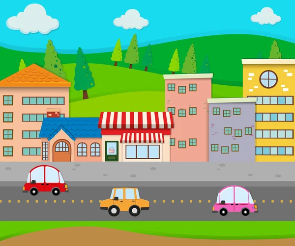 Scène de ville avec des voitures sur la route — Image vectorielle