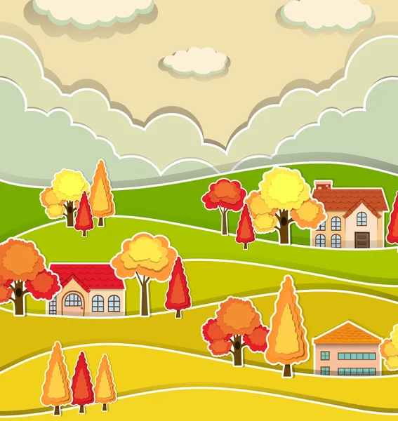 Εξοχή σκηνή με σπίτια και δέντρο το φθινόπωρο — Διανυσματικό Αρχείο
