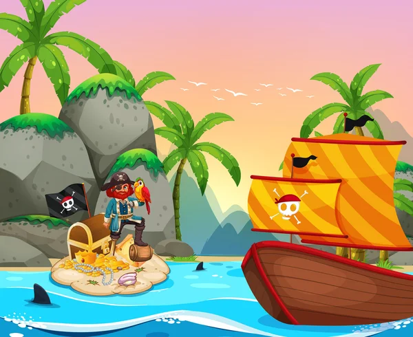 Oceaan scène met piraat en treassure — Stockvector
