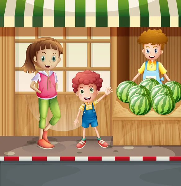 Vendeur de fruits et clients — Image vectorielle