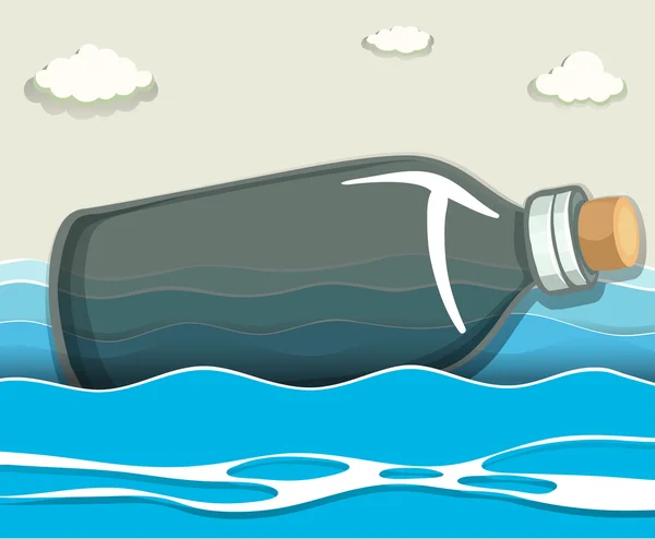 Botella vacía flotando en el mar — Vector de stock