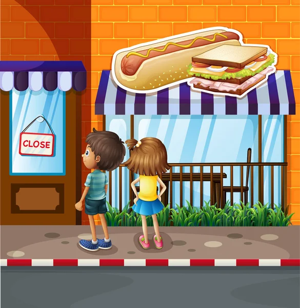 Boy and girl in front of restaurant — Stock Vector