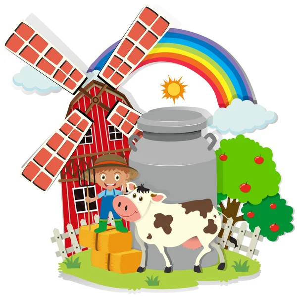 Bauer und Kuh auf dem Hof — Stockvektor