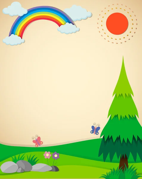 Escena de naturaleza con campo y arco iris — Vector de stock