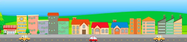 Escena suburbana con casas y coches — Vector de stock