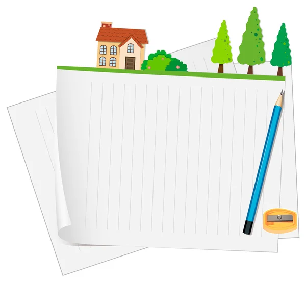 Conception de papier de ligne avec maison et crayon — Image vectorielle