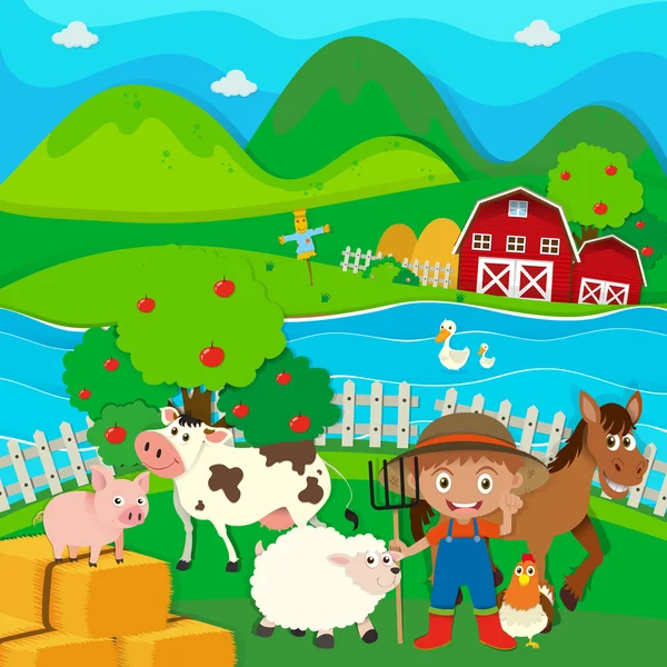 Rolnik i zagroda zwierzęta na farmie — Wektor stockowy