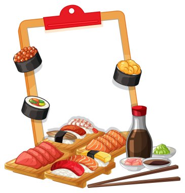 Boş bir panonun etrafında çeşitli suşi, sashimi, soya sosu ve wasabi örnekleri var.