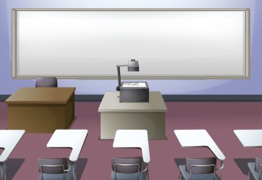 Projektör ve çalışma masaları ile sınıf