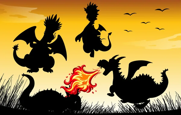 Силуэт дракона дующий огонь — стоковый вектор