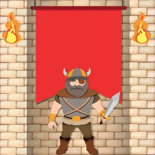 Vikingo masculino con bandera roja — Vector de stock