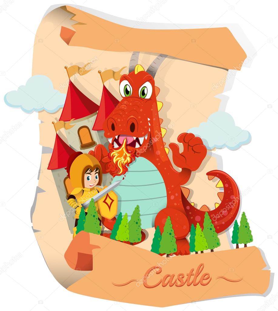 Knight and dragon at the castle