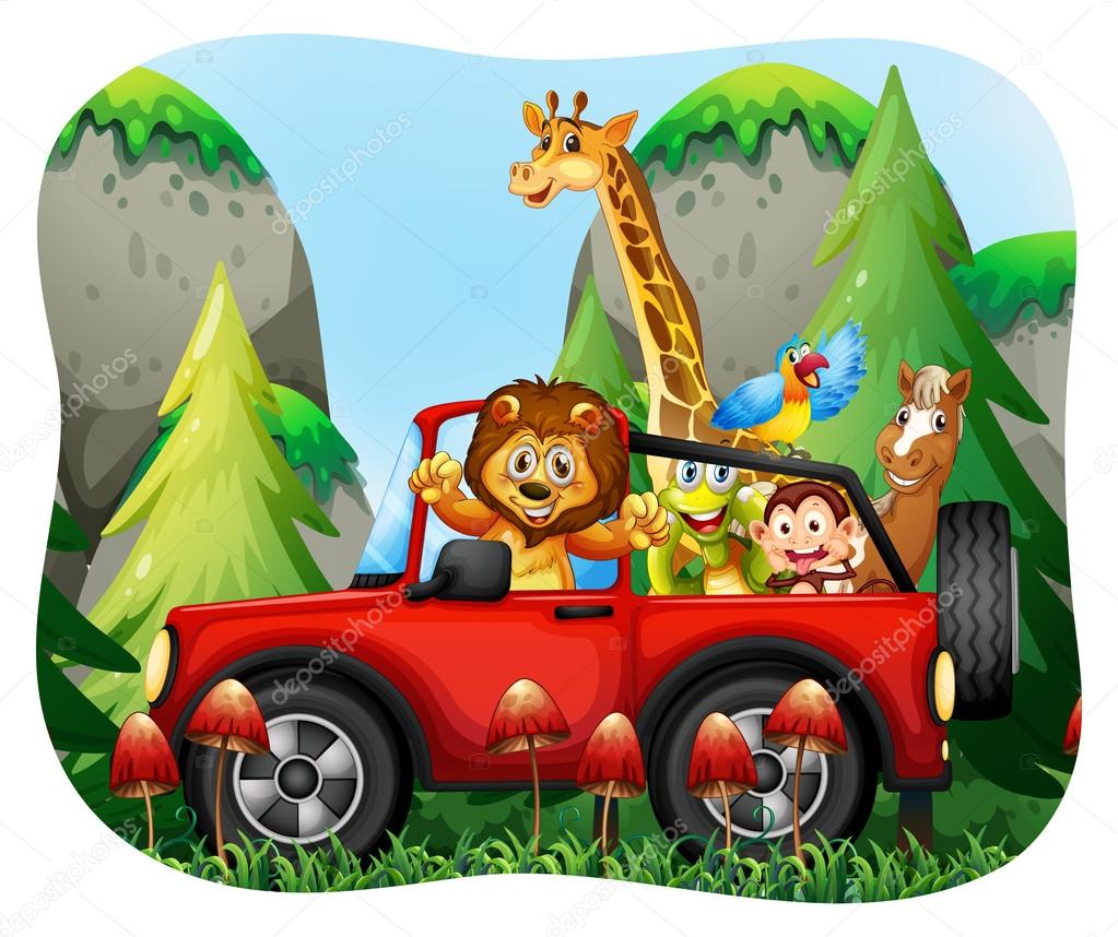 Wild animals riding on jeep