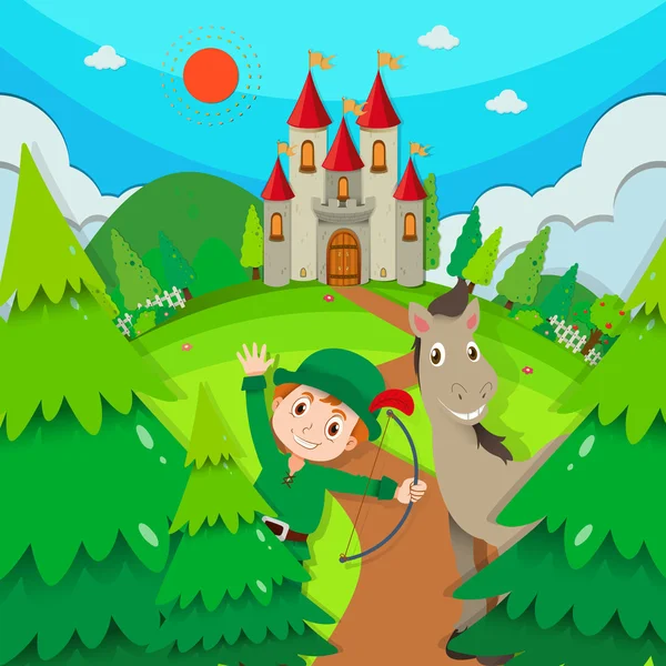Castle scene with hunter and horse — Stock Vector