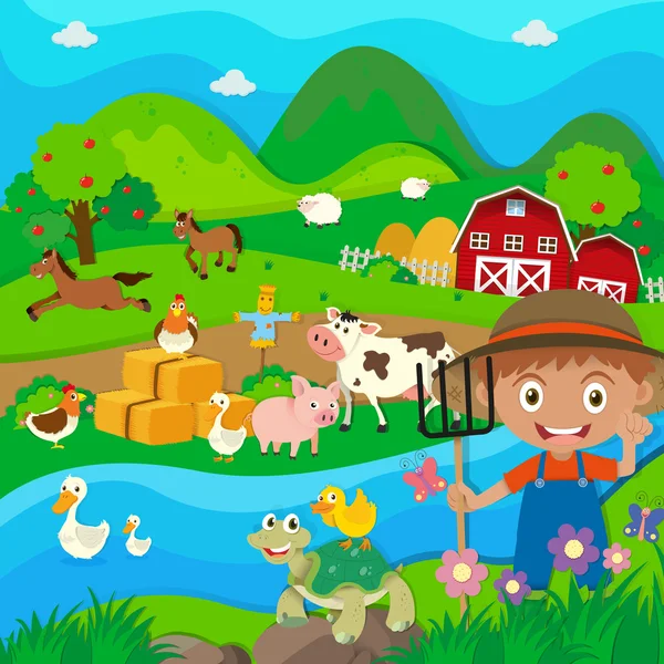 Farmer and farm animals in the farm — Stock Vector