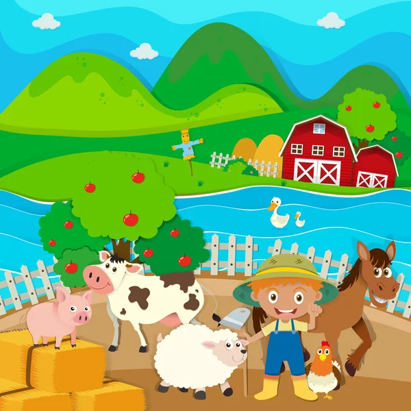 Tema de granja con granjeros y animales de granja — Vector de stock