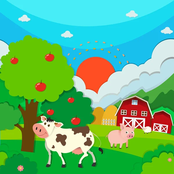 Scena di fattoria con animali e fienile — Vettoriale Stock
