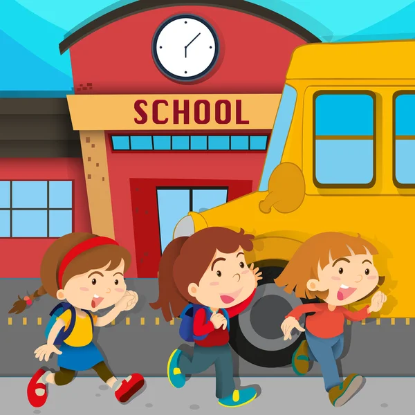 Дети бегут перед школой — стоковый вектор