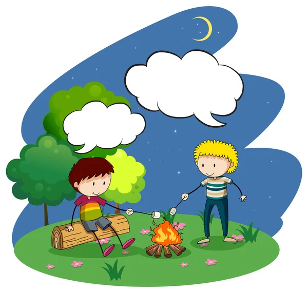 Two boys camping out at night — Stock Vector