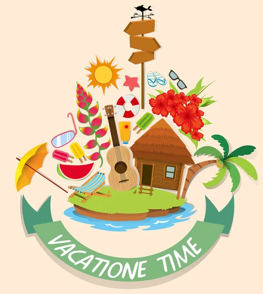 Vacation theme with cabin and beach objects — Stock Vector