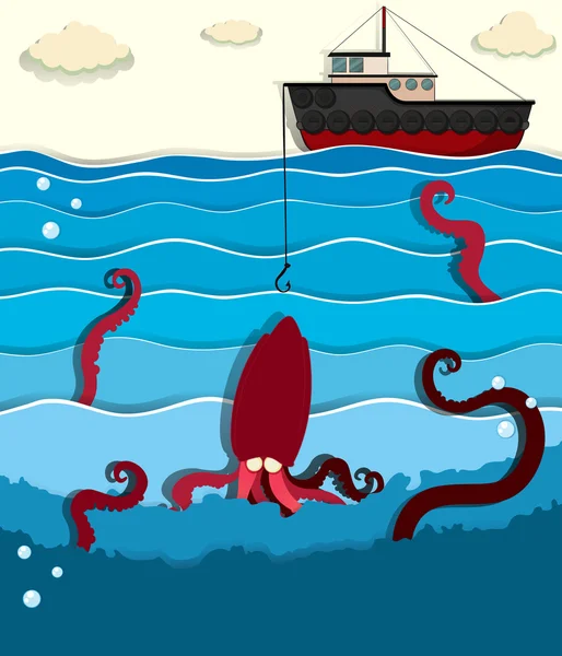 Reuze octopus en vissersboot — Stockvector