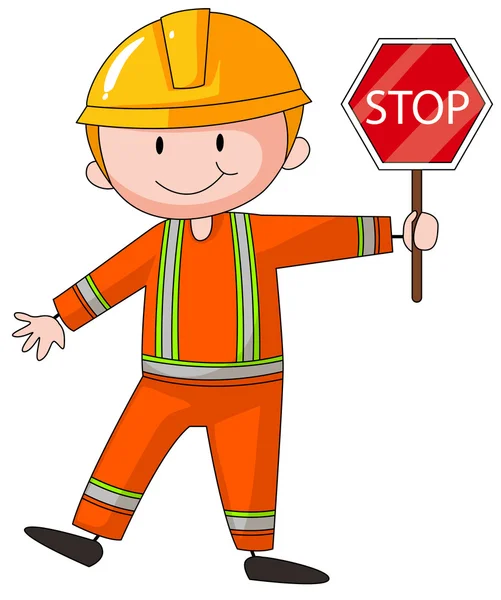 Obrero de la construcción sosteniendo stop signo — Vector de stock