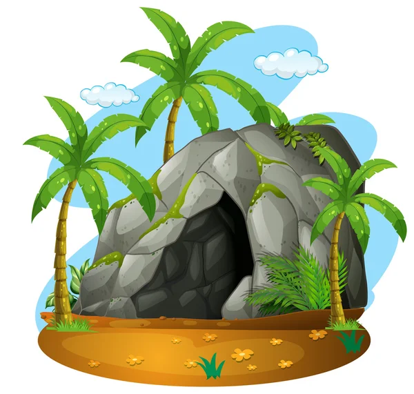 Escena natural con cavernas y cocoteros — Vector de stock