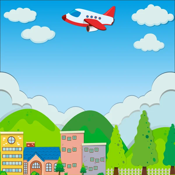 Airplane flying over buildings in suburb — Stock Vector