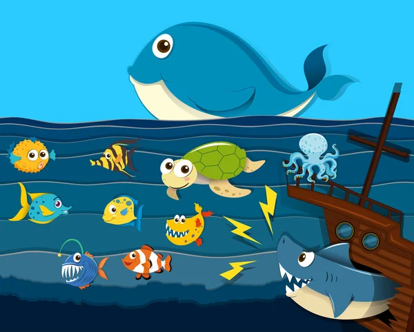 Escena oceánica con animales marinos — Vector de stock