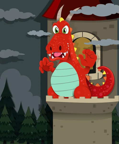 Dragón rojo en el castillo — Vector de stock